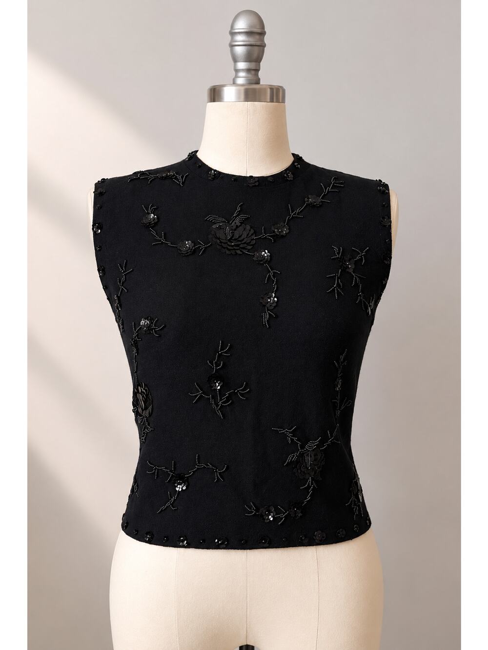 1960s Primstyle Black Sequin Lambswool Angora Sweater Vest Size 3/4 Zip Back